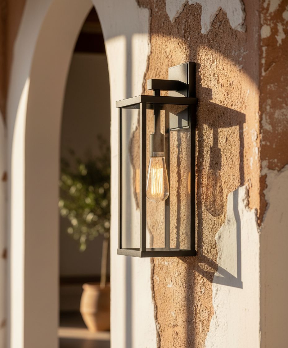 Matte black metal rectangular outdoor wall sconce with clear glass shade, shown mounted on porch exterior — view 7