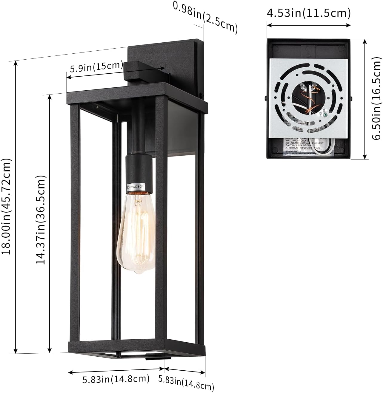 Matte black metal rectangular outdoor wall sconce with clear glass shade, shown mounted on porch exterior — view 5a