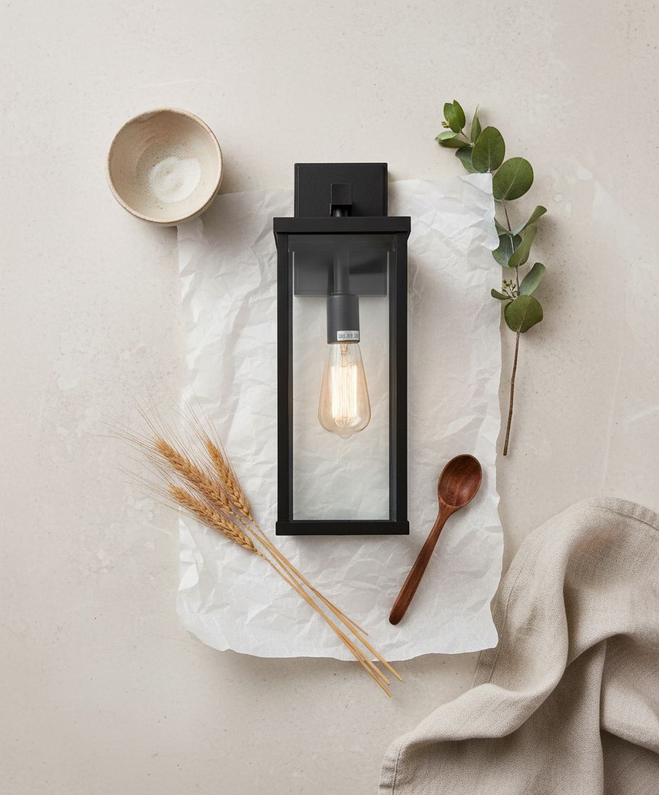 Matte black metal rectangular outdoor wall sconce with clear glass shade, shown mounted on porch exterior — hero view 2