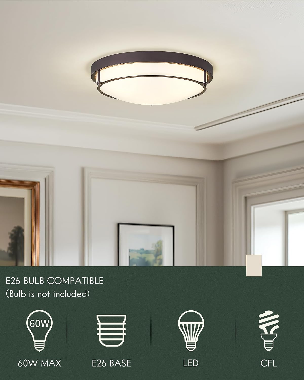 {color} metal flush mount ceiling light with {material} finish, {form_factor} design for {room} — view 2