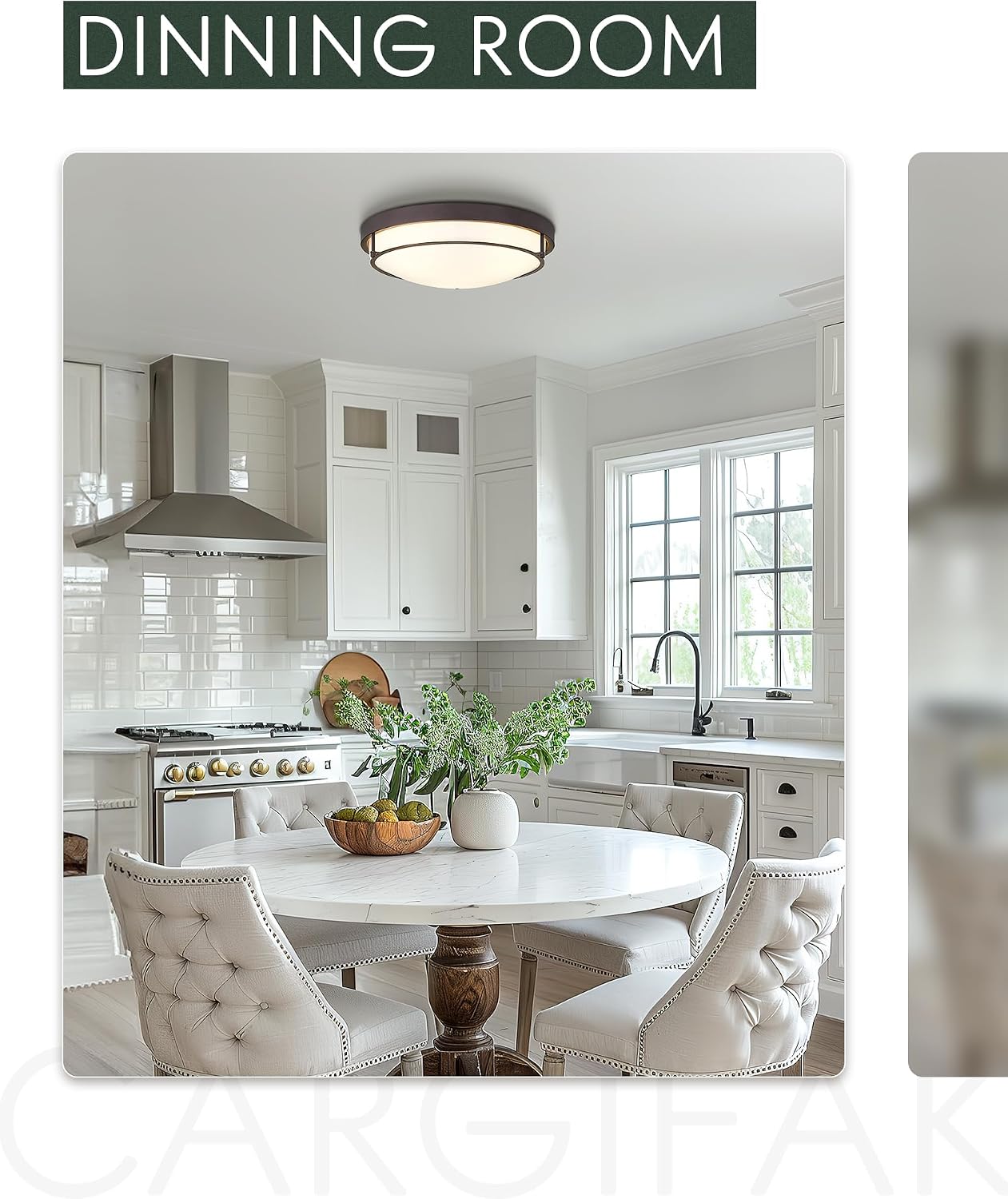 {color} metal flush mount ceiling light with {material} finish, {form_factor} design for {room} — view 3