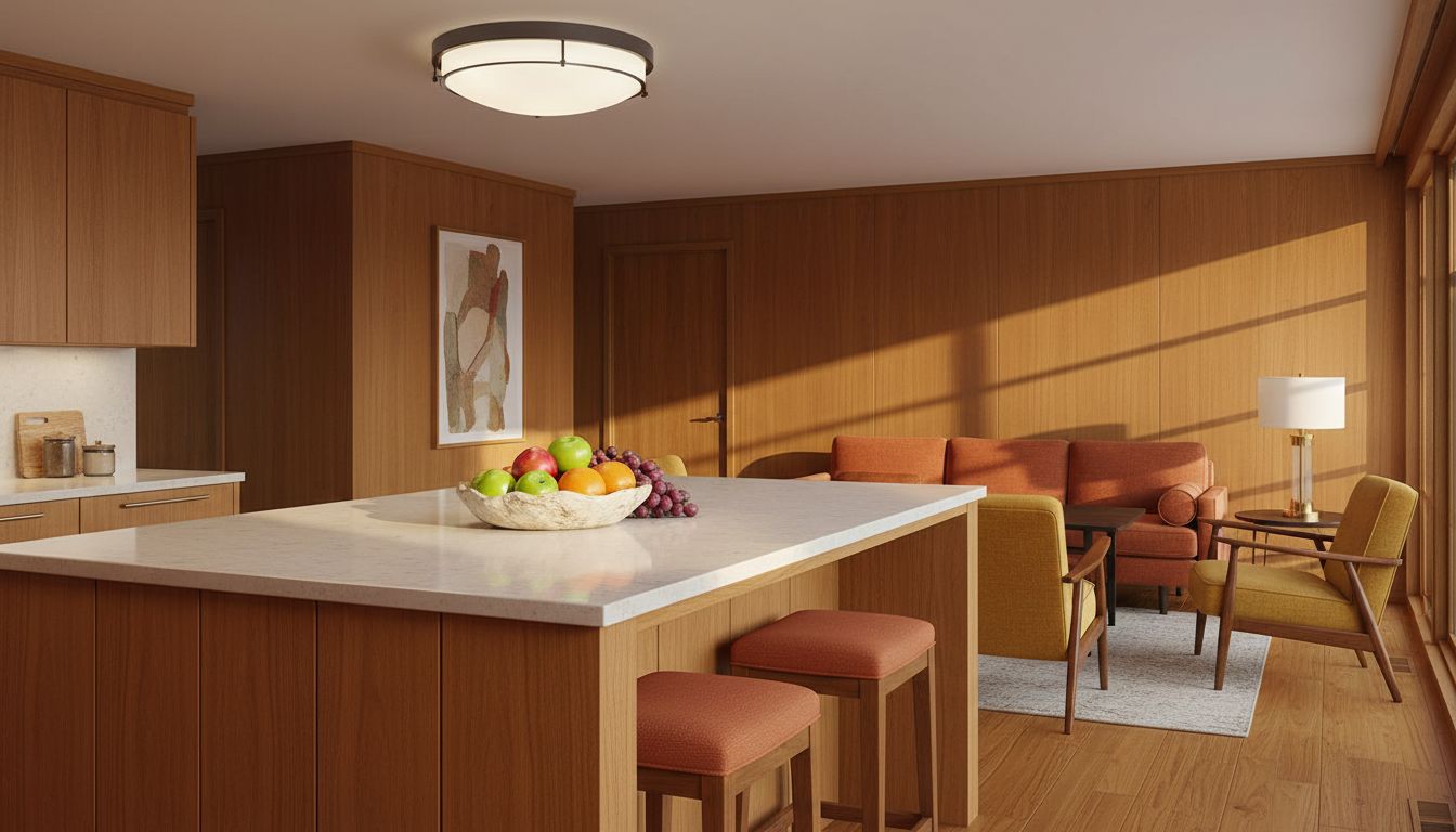 {color} metal flush mount ceiling light with {material} finish, {form_factor} design for {room} — view 5b