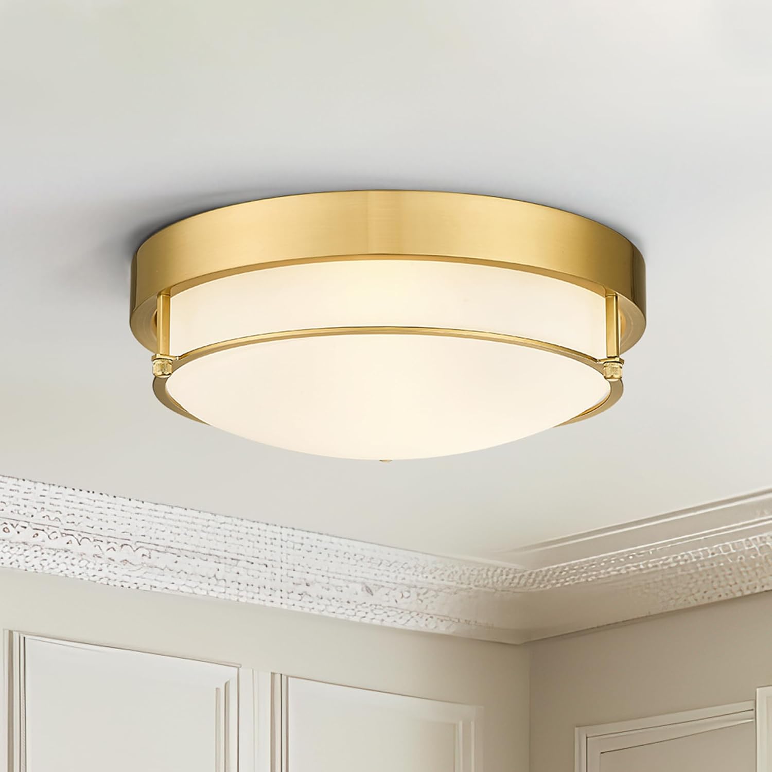 {color} metal flush mount ceiling light with {material} finish, {form_factor} design for {room} — view 3a