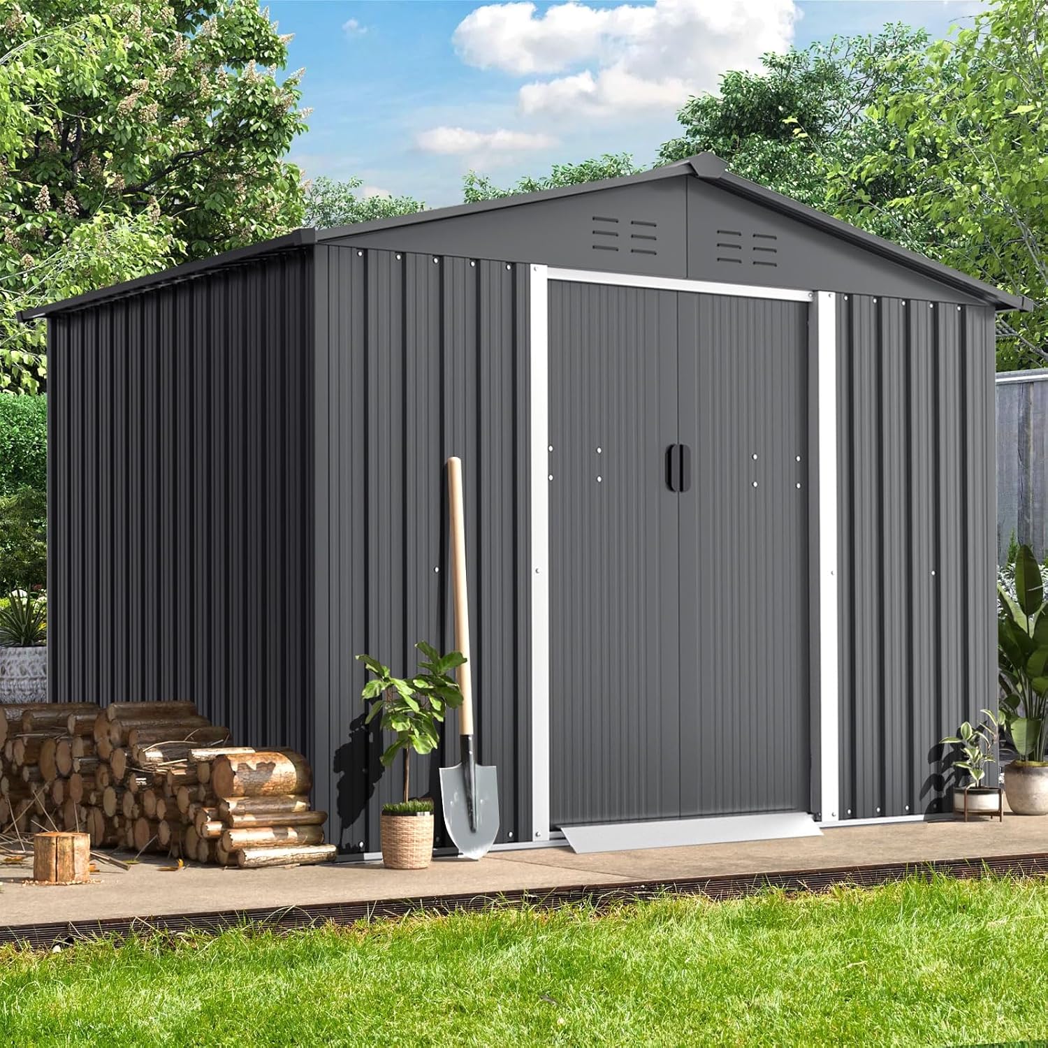 {color} steel storage shed with vented roof and sliding door, {dimensions} footprint for outdoor tool storage — front
