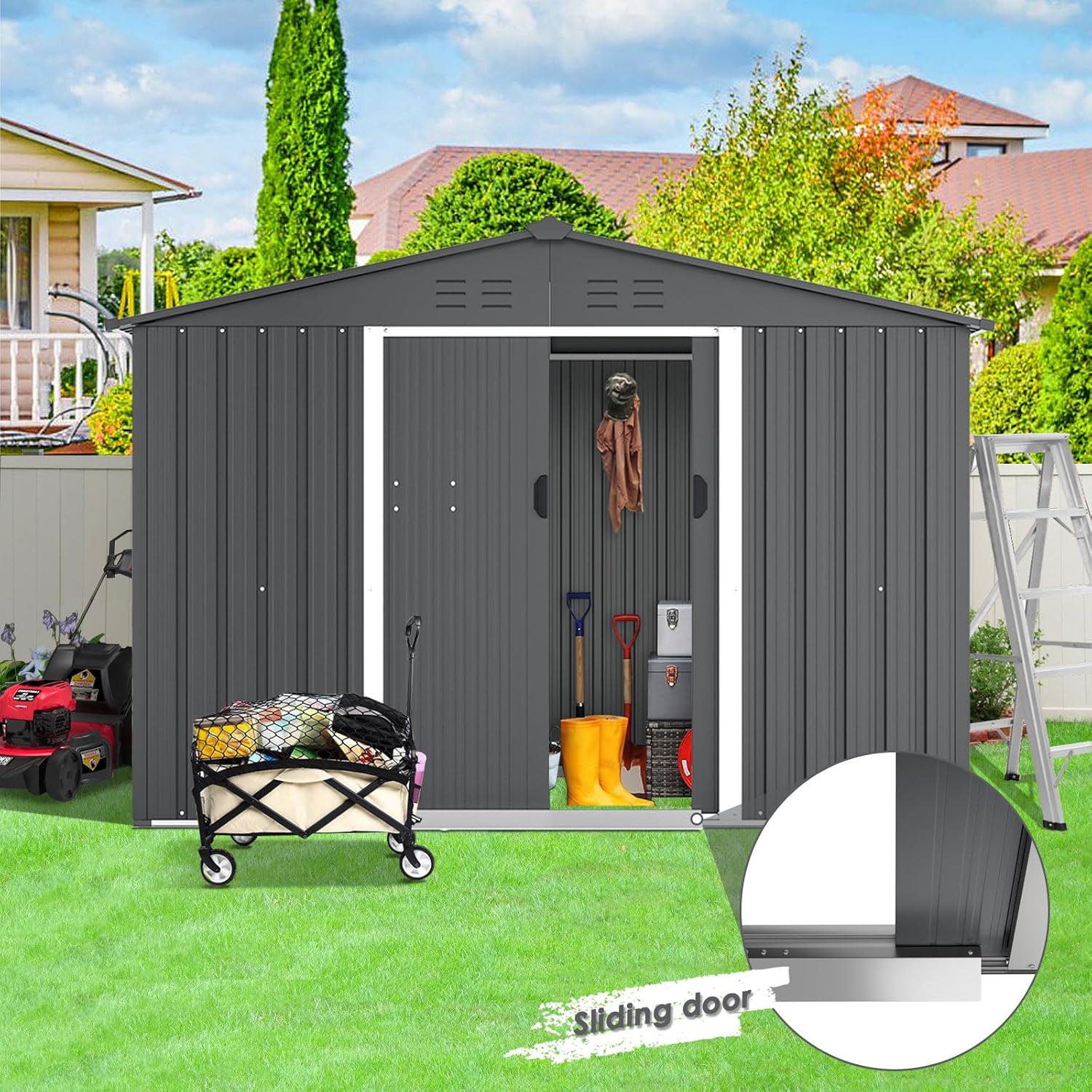{color} steel storage shed with vented roof and sliding door, {dimensions} footprint for outdoor tool storage — side