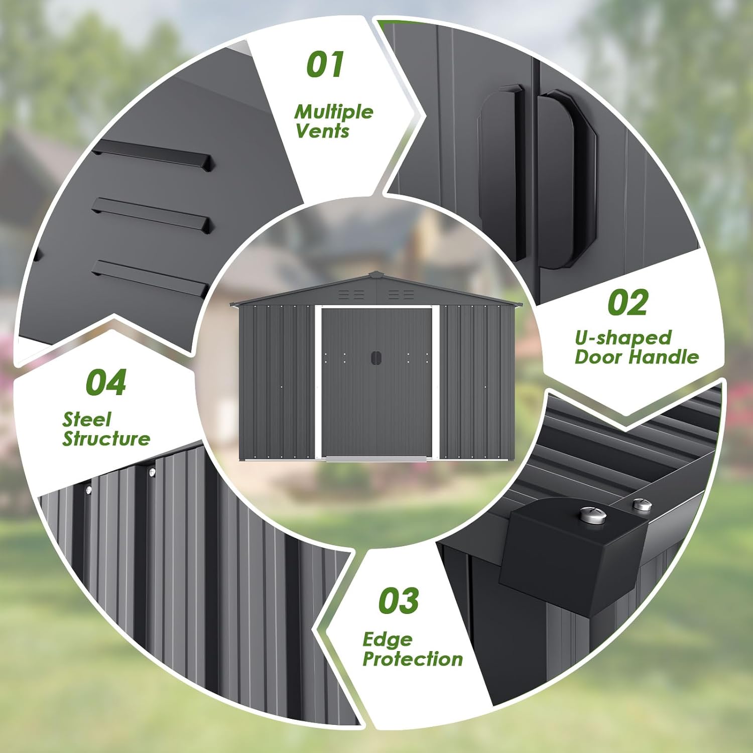 {color} steel storage shed with vented roof and sliding door, {dimensions} footprint for outdoor tool storage — detail