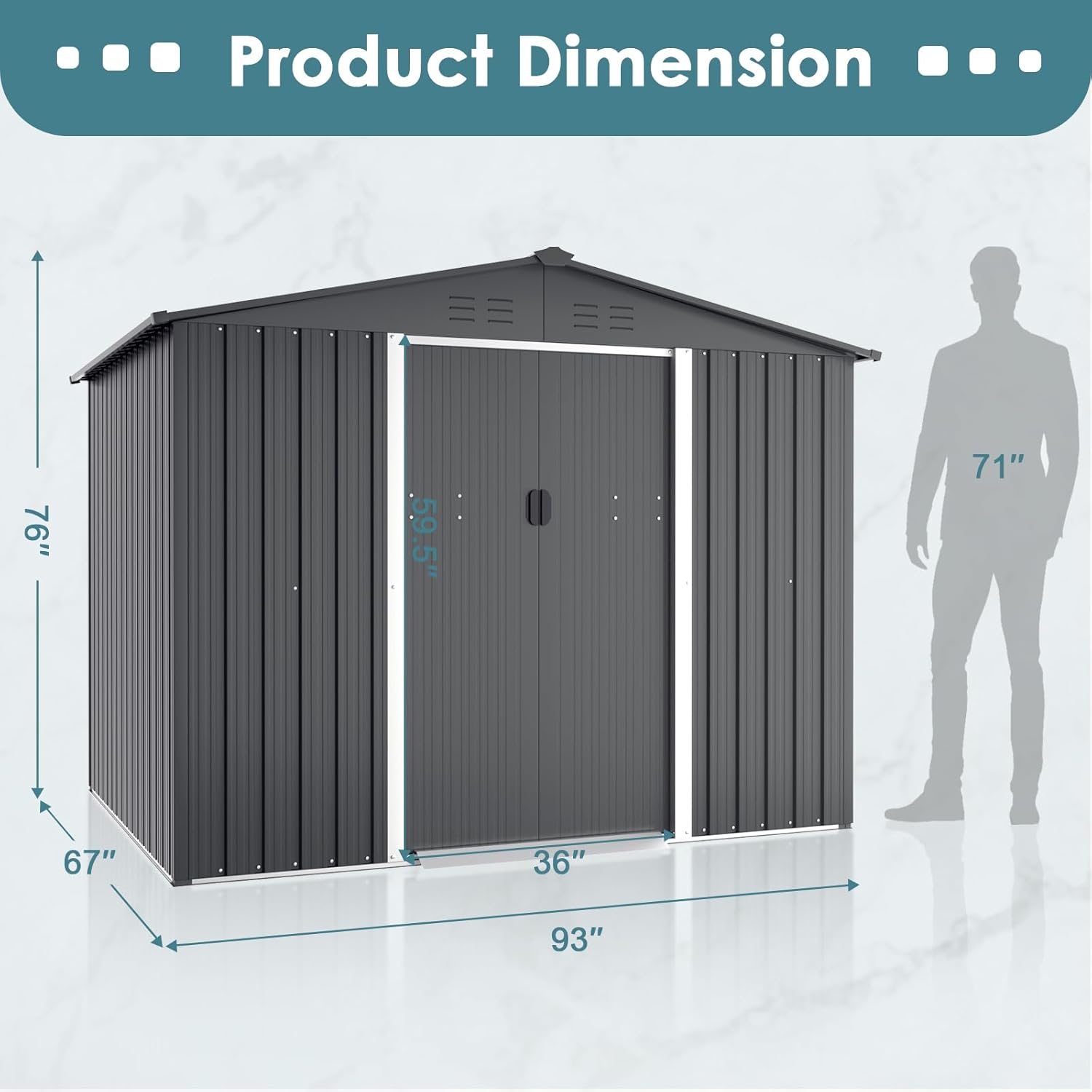 {color} steel storage shed with vented roof and sliding door, {dimensions} footprint for outdoor tool storage — view 3