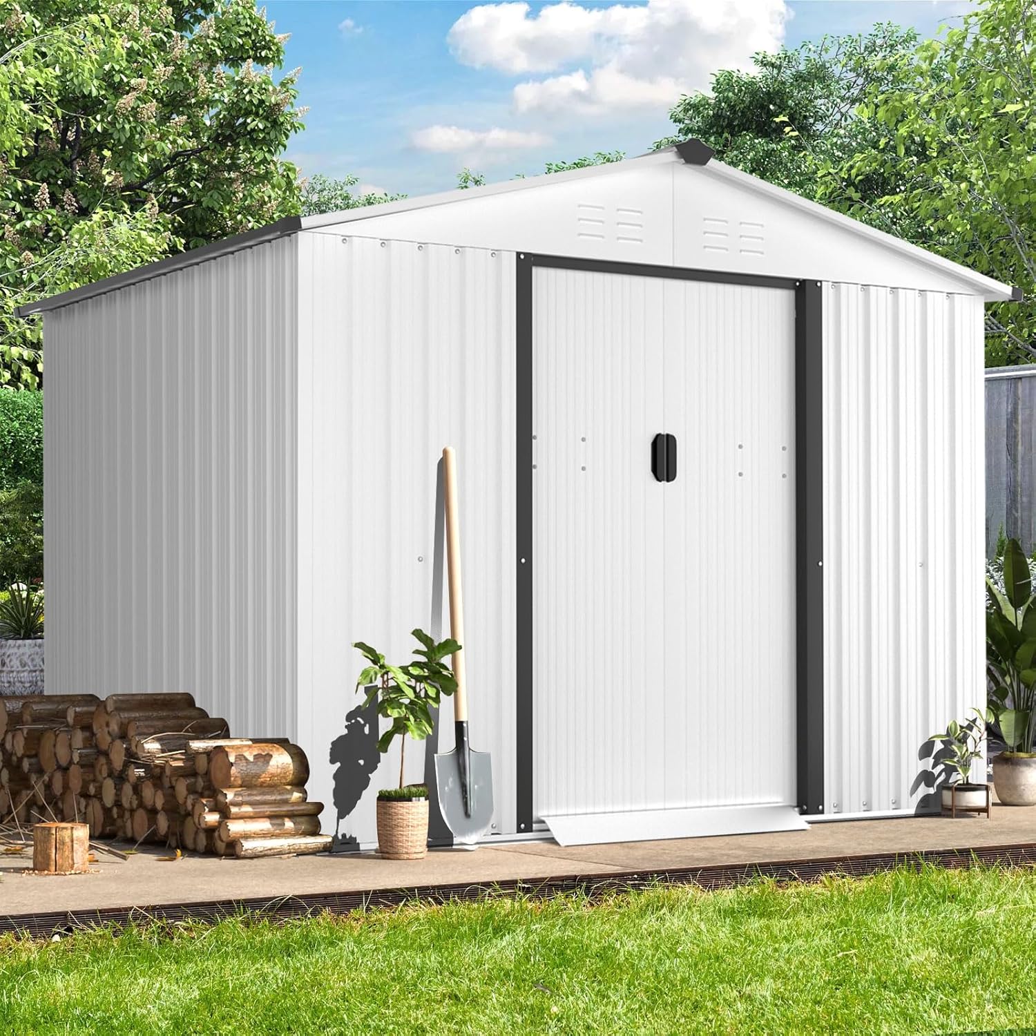 {color} steel storage shed with vented roof and sliding door, {dimensions} footprint for outdoor tool storage — view 5b