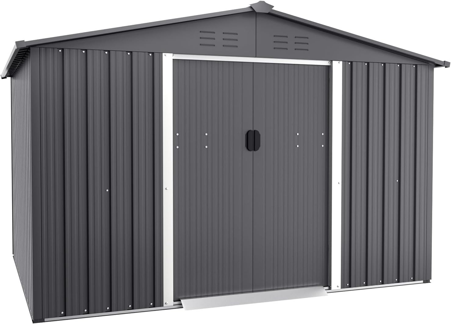 {color} steel storage shed with vented roof and sliding door, {dimensions} footprint for outdoor tool storage — view 7