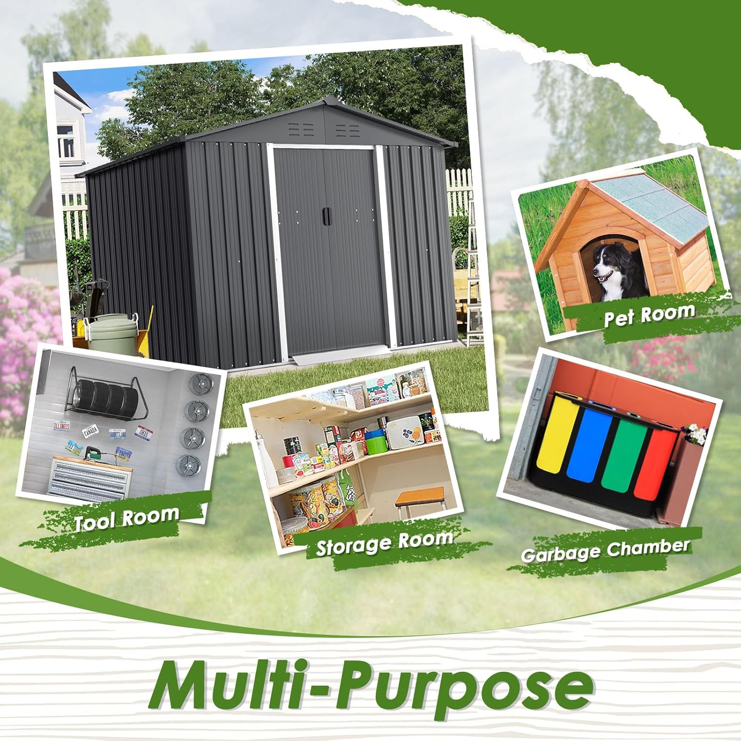 {color} steel storage shed with vented roof and sliding door, {dimensions} footprint for outdoor tool storage — view 3a