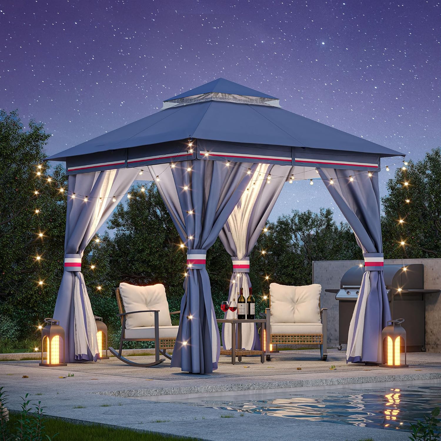 [Color] metal-frame patio gazebo with polyester fabric roof and mesh mosquito netting, [angle/view] view — front