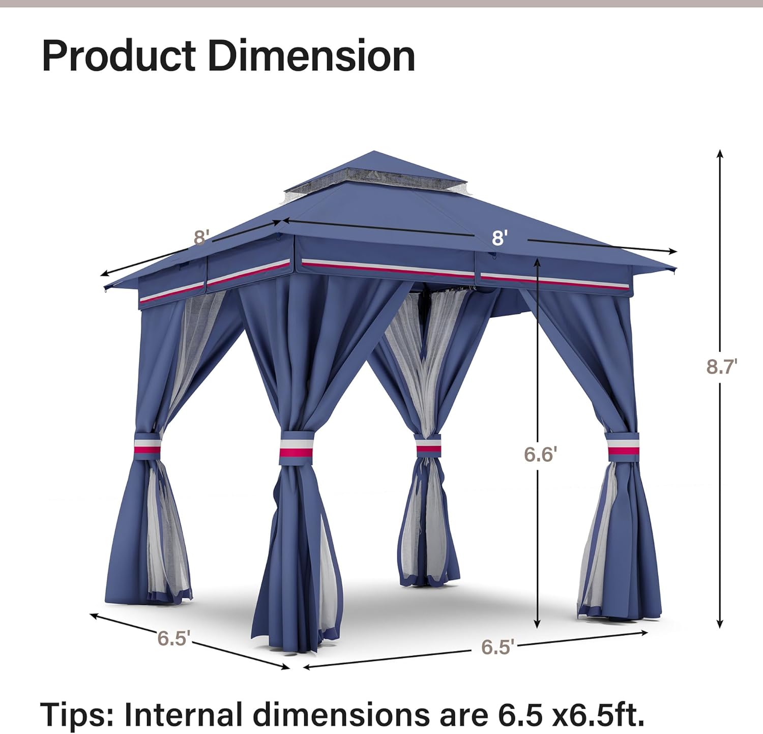 [Color] metal-frame patio gazebo with polyester fabric roof and mesh mosquito netting, [angle/view] view — side