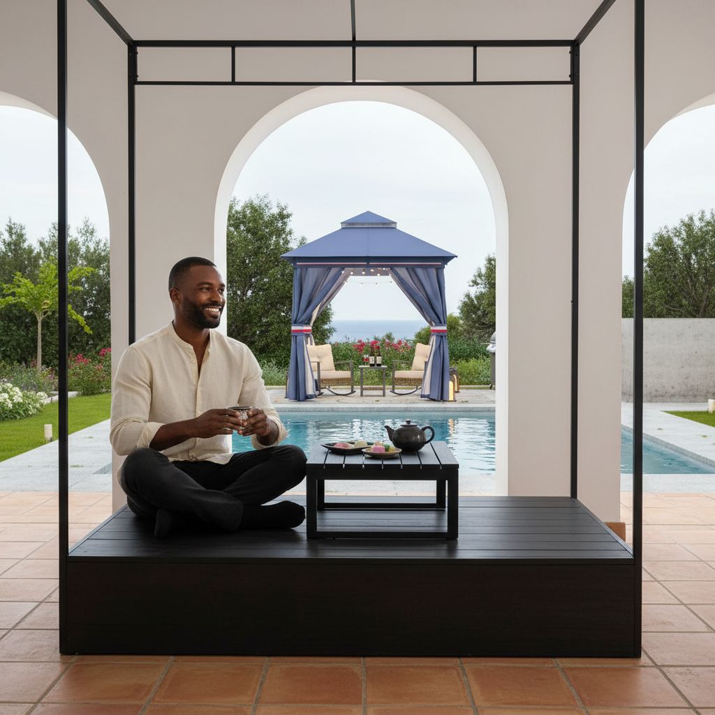 [Color] metal-frame patio gazebo with polyester fabric roof and mesh mosquito netting, [angle/view] view — view 6