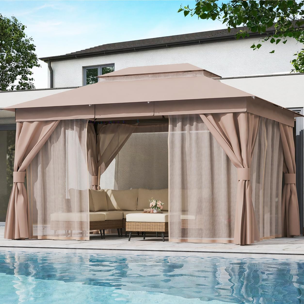 [Color] metal-frame patio gazebo with polyester fabric roof and mesh mosquito netting, [angle/view] view — hero view 2