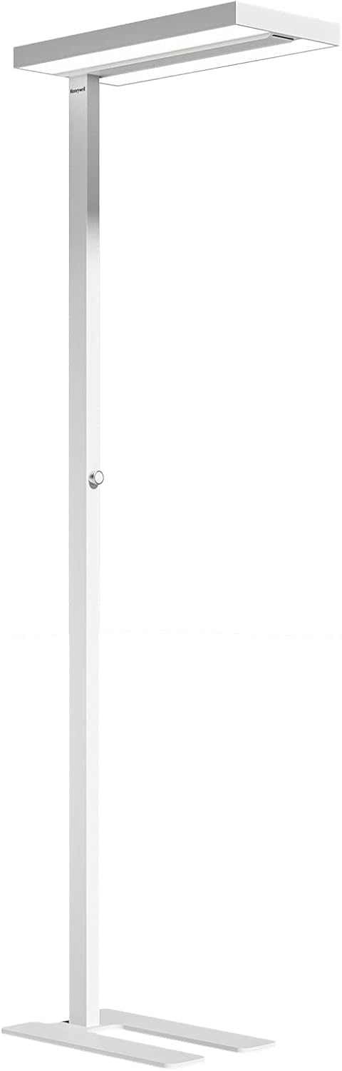 Minimalist metal LED floor lamp in neutral finish with tall standing design and dimmable natural daylight bulb for home office — front