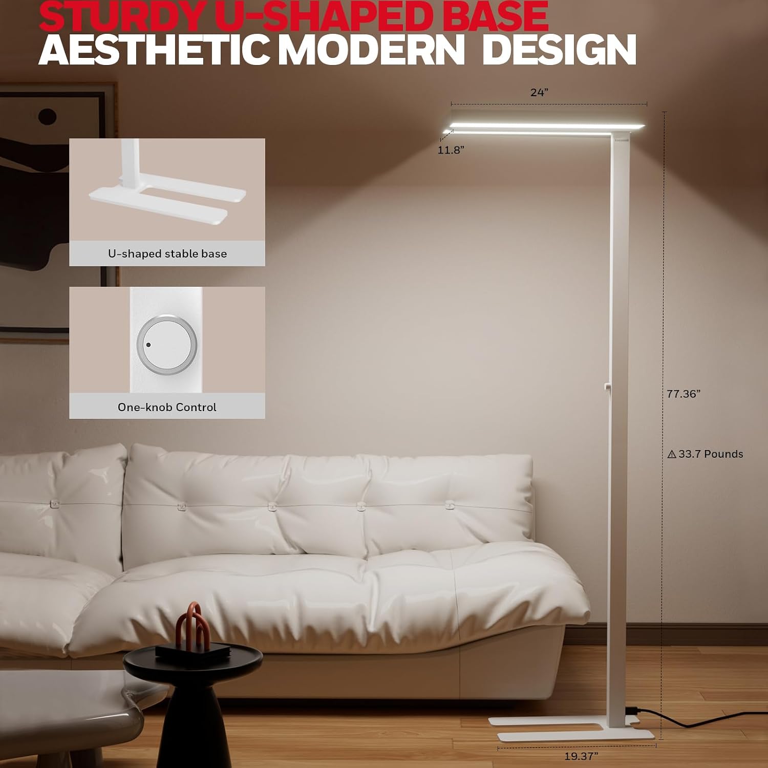 Minimalist metal LED floor lamp in neutral finish with tall standing design and dimmable natural daylight bulb for home office — view 4