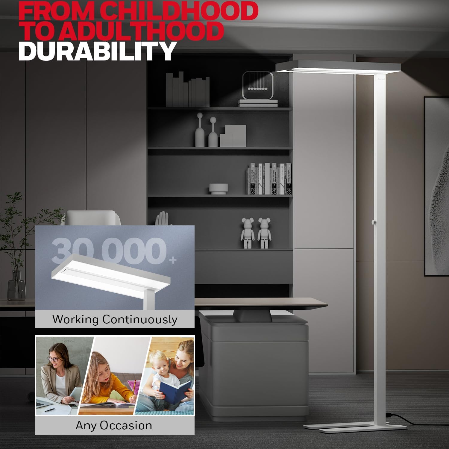Minimalist metal LED floor lamp in neutral finish with tall standing design and dimmable natural daylight bulb for home office — view 7