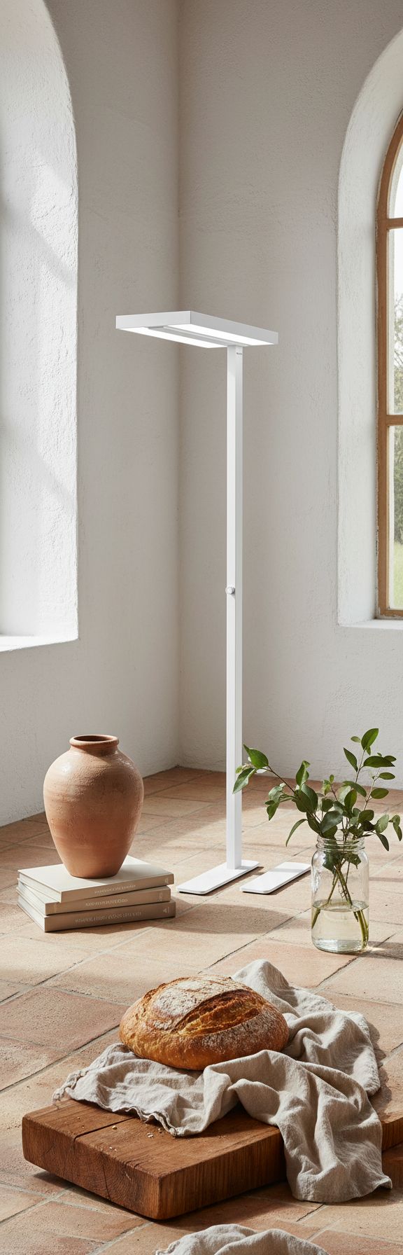 Minimalist metal LED floor lamp in neutral finish with tall standing design and dimmable natural daylight bulb for home office — view 3a