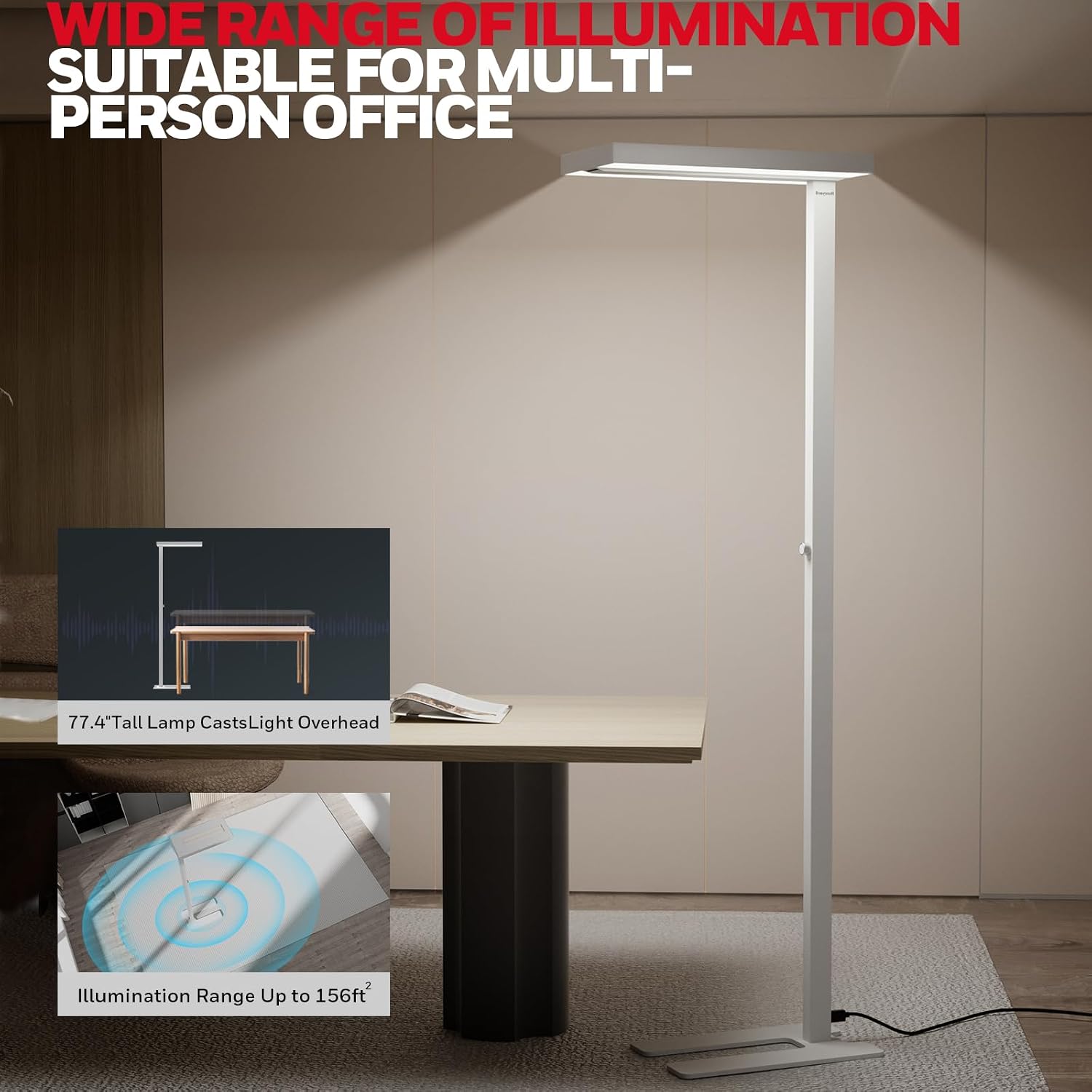Minimalist metal LED floor lamp in neutral finish with tall standing design and dimmable natural daylight bulb for home office — view 5a