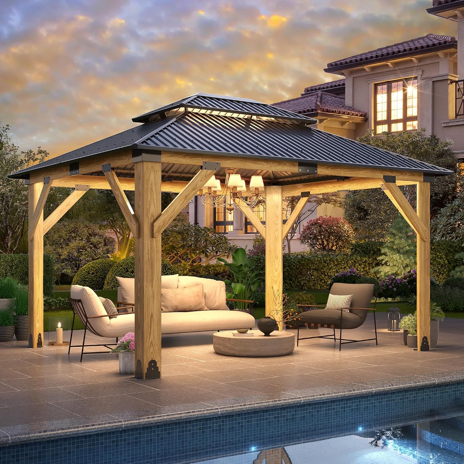 {{color}} wood gazebo with galvanized steel double roof, {{angle}} view — front
