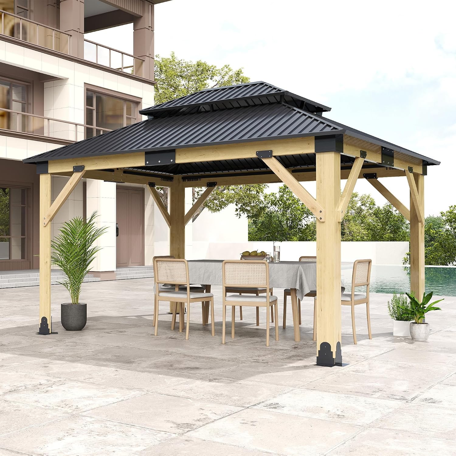 {{color}} wood gazebo with galvanized steel double roof, {{angle}} view — side
