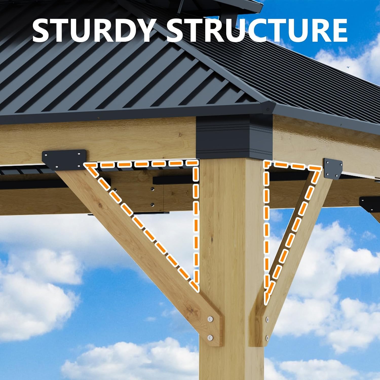 {{color}} wood gazebo with galvanized steel double roof, {{angle}} view — back