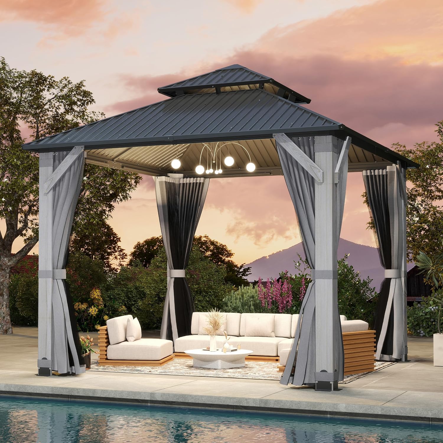 {{color}} wood gazebo with galvanized steel double roof, {{angle}} view — view 5