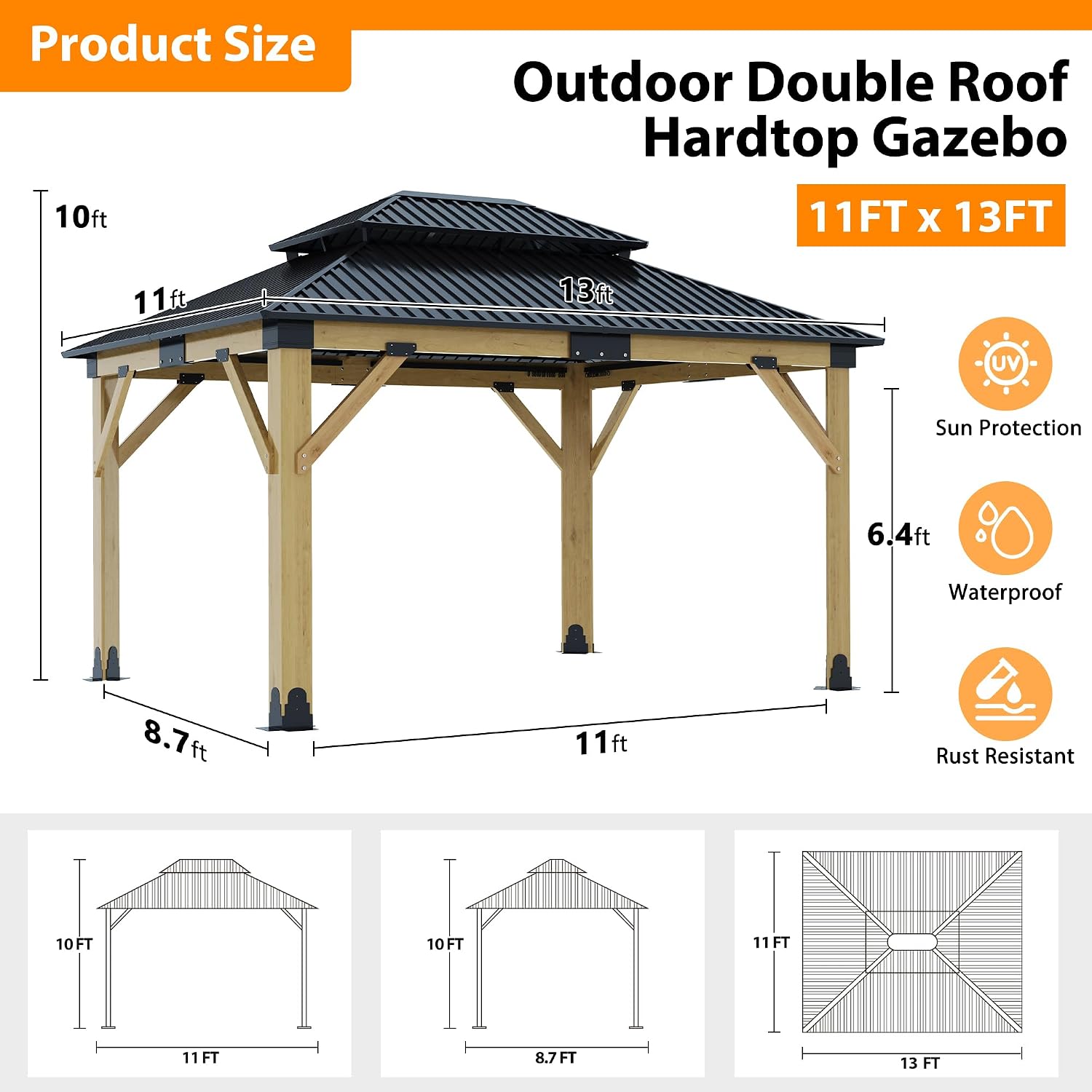 {{color}} wood gazebo with galvanized steel double roof, {{angle}} view — view 3b
