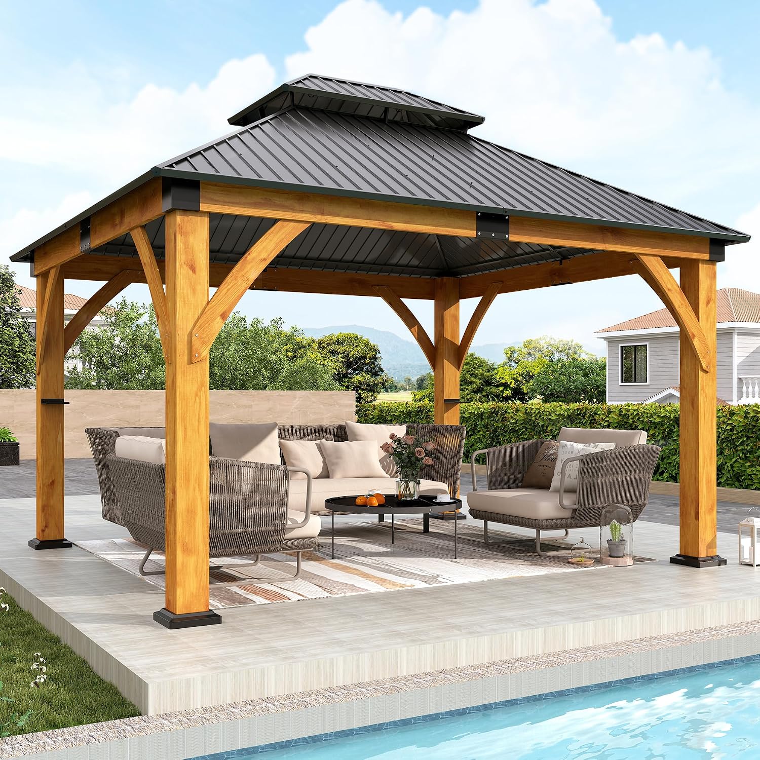 {{color}} wood gazebo with galvanized steel double roof, {{angle}} view — view 5b