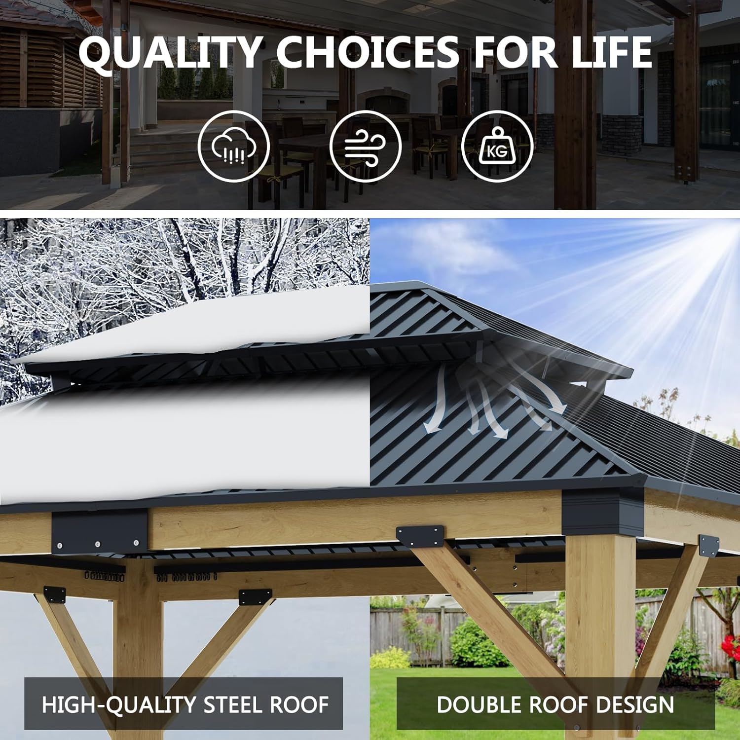 {{color}} wood gazebo with galvanized steel double roof, {{angle}} view — view 3a