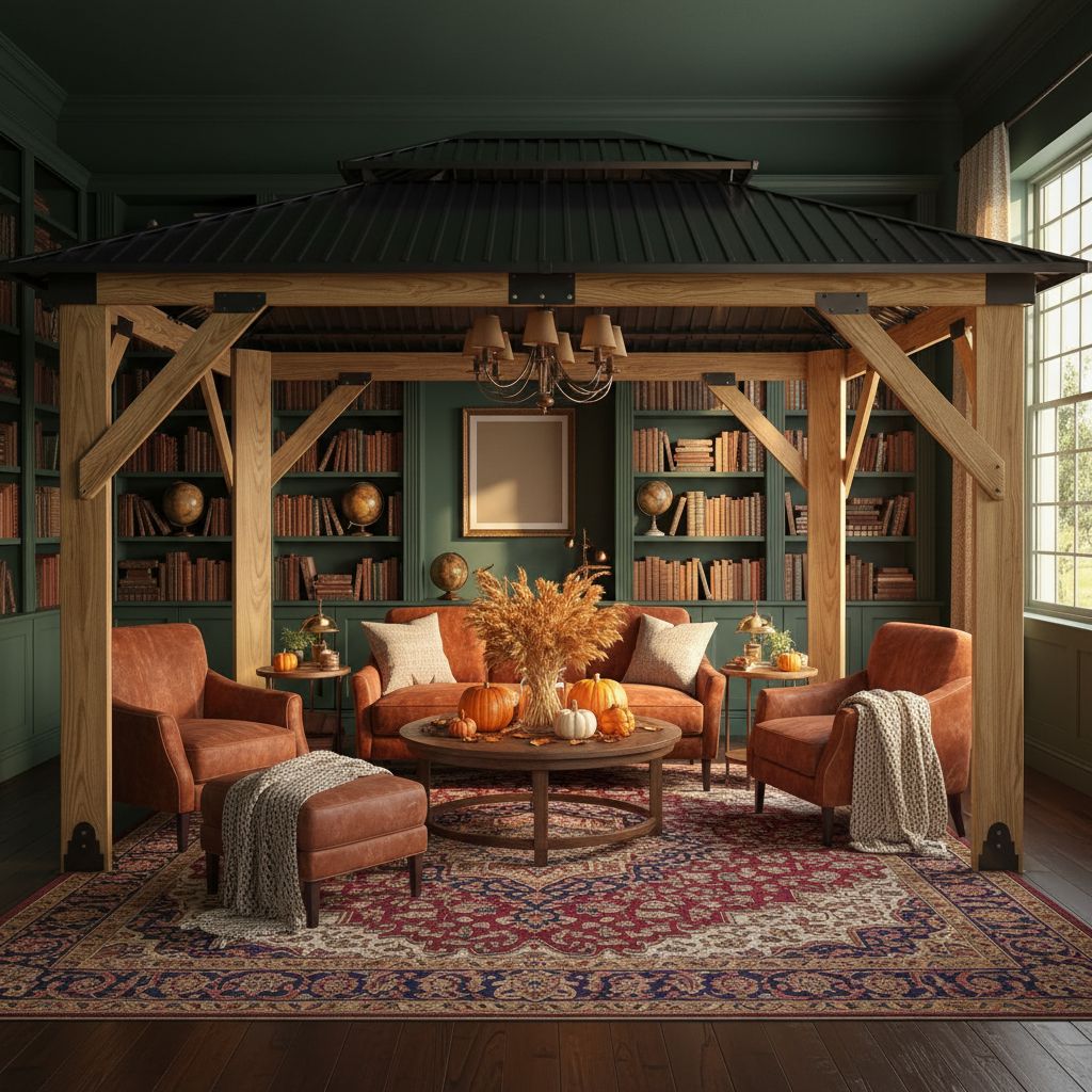 {{color}} wood gazebo with galvanized steel double roof, {{angle}} view — view 4