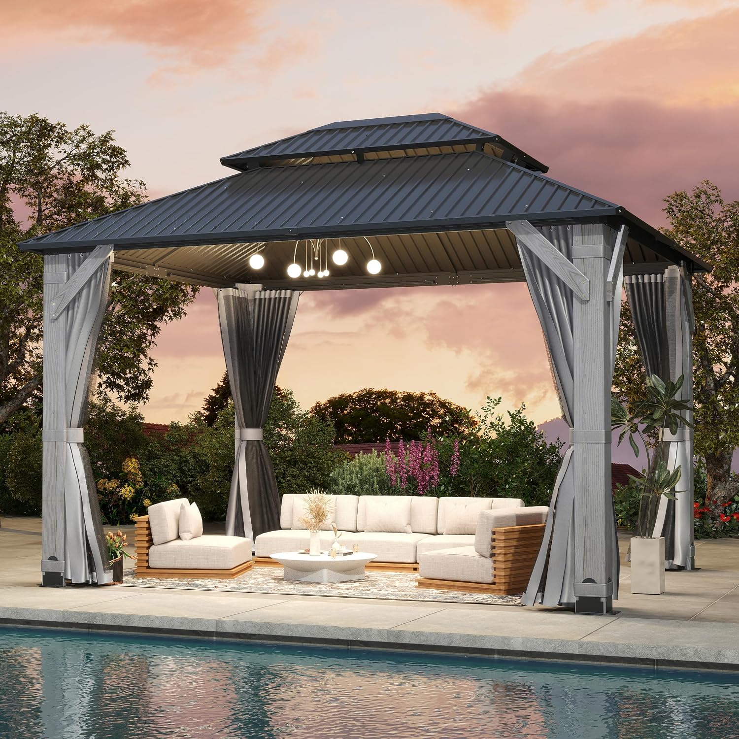 {{color}} wood gazebo with galvanized steel double roof, {{angle}} view — view 5a