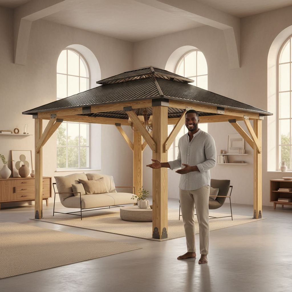 {{color}} wood gazebo with galvanized steel double roof, {{angle}} view — view 6
