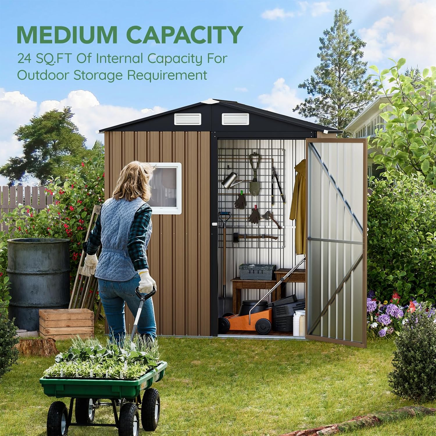 Brown steel outdoor storage shed with lockable doors and window, metal frame construction for garden and patio storage — side