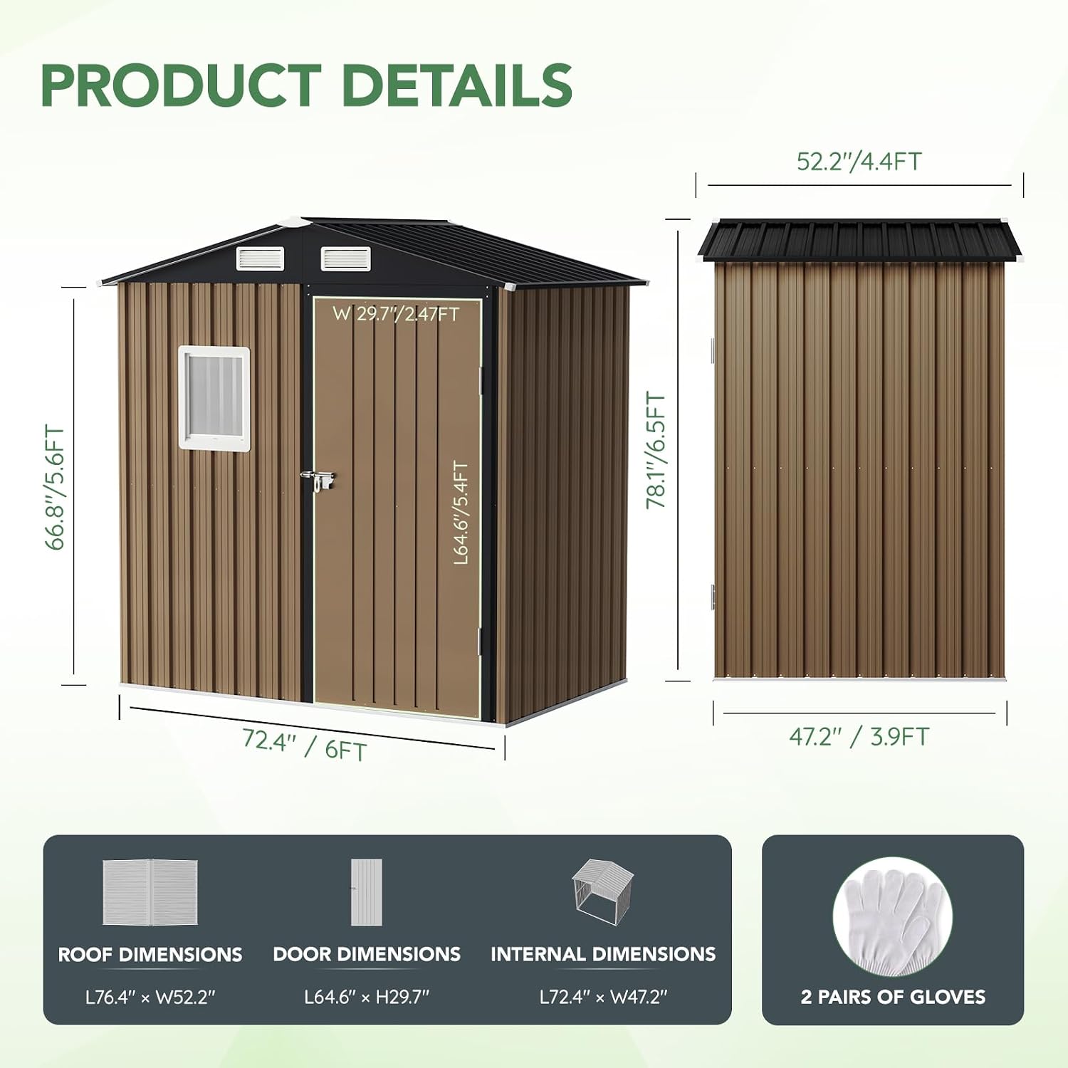 Brown steel outdoor storage shed with lockable doors and window, metal frame construction for garden and patio storage — back