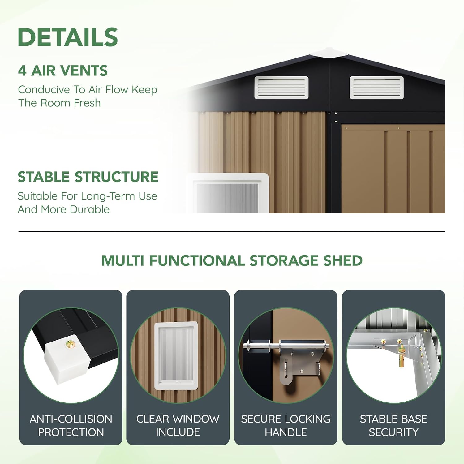 Brown steel outdoor storage shed with lockable doors and window, metal frame construction for garden and patio storage — detail