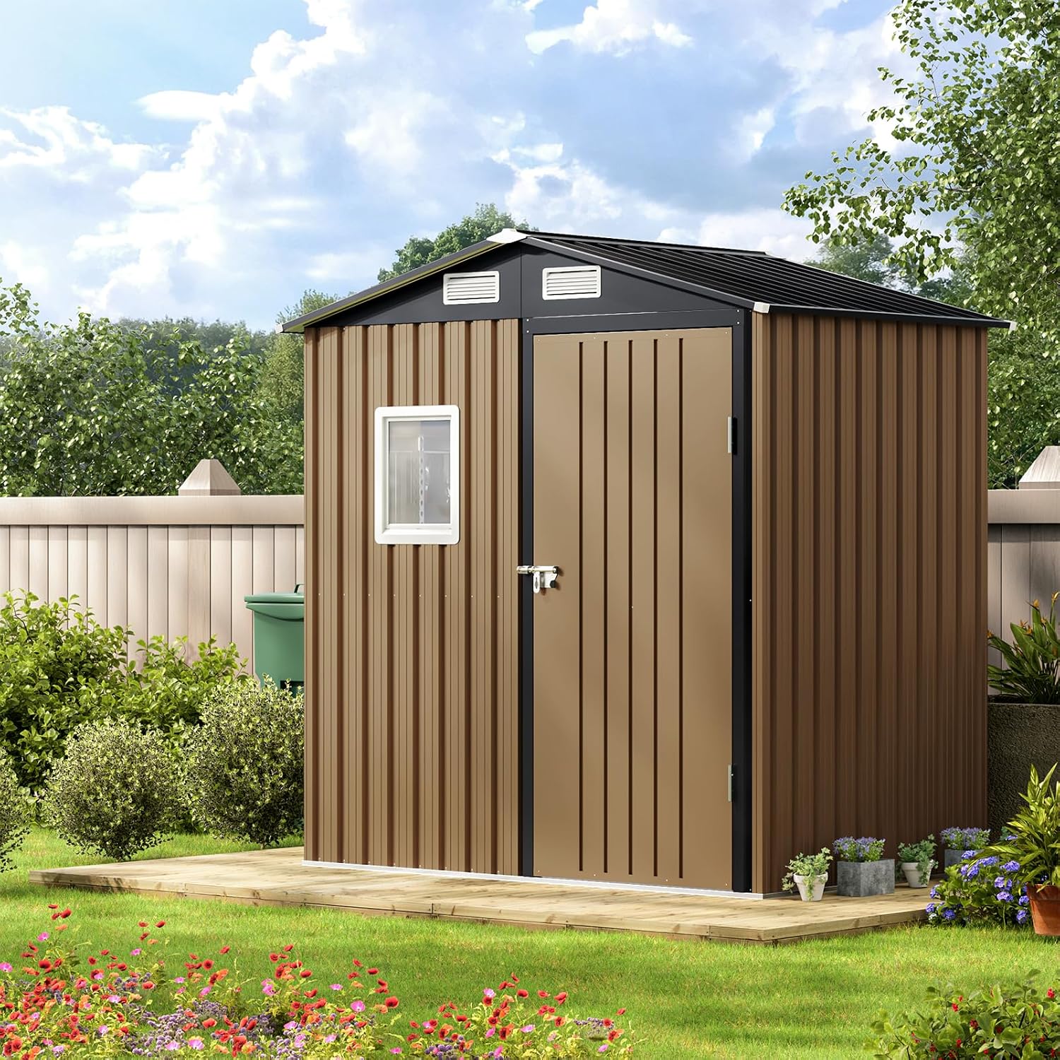 Brown steel outdoor storage shed with lockable doors and window, metal frame construction for garden and patio storage — view 4