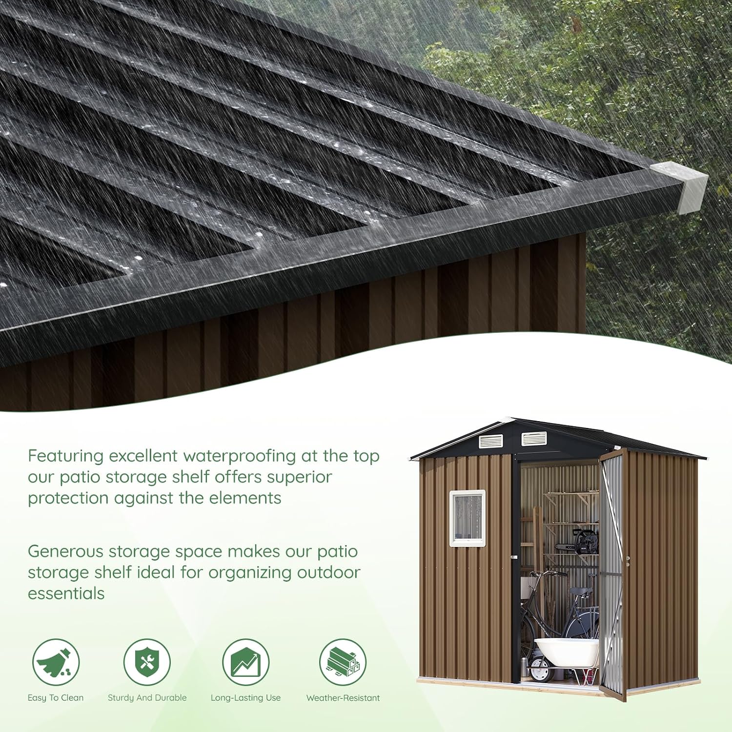 Brown steel outdoor storage shed with lockable doors and window, metal frame construction for garden and patio storage — view 5