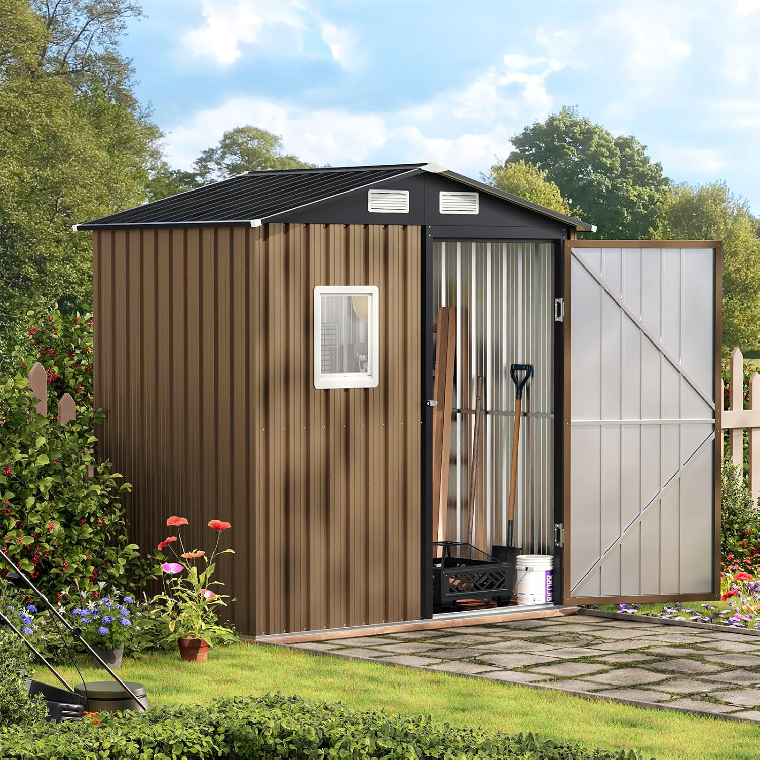 Brown steel outdoor storage shed with lockable doors and window, metal frame construction for garden and patio storage — view 2