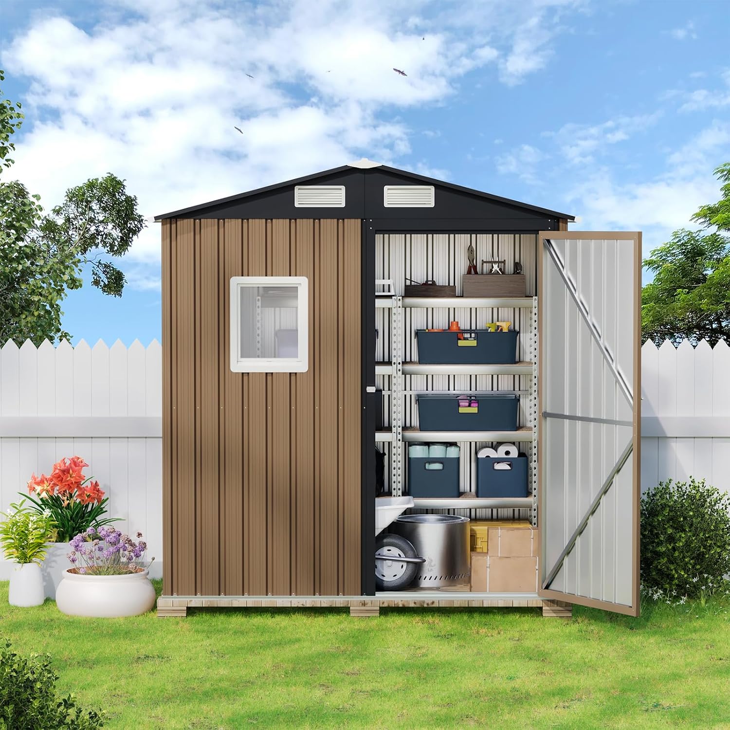 Brown steel outdoor storage shed with lockable doors and window, metal frame construction for garden and patio storage — view 3a