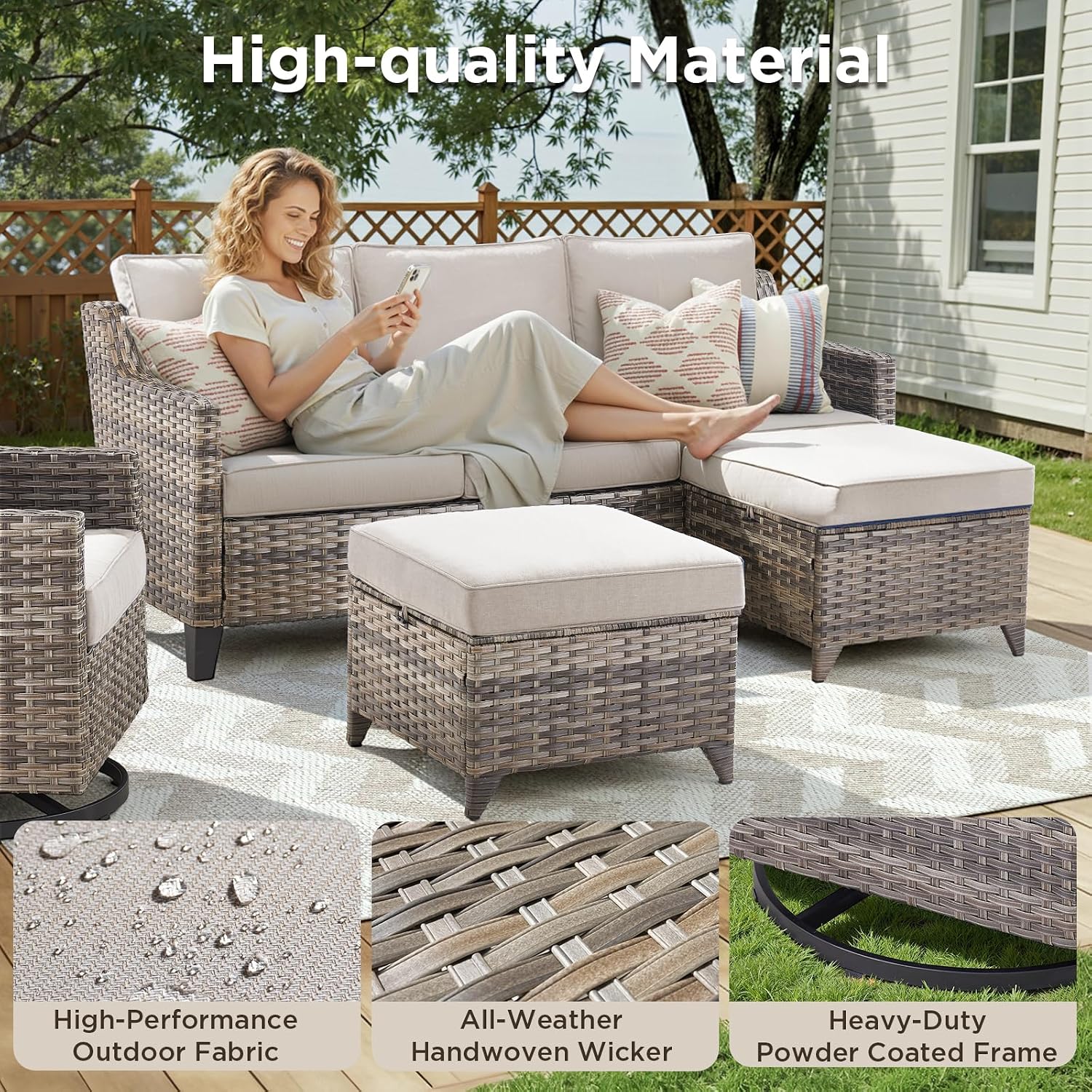 [Color] wicker [form factor] with [cushion detail], shown in [setting context] — view 3