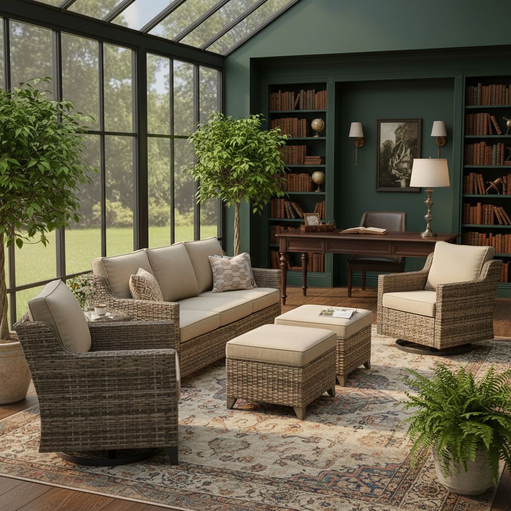 [Color] wicker [form factor] with [cushion detail], shown in [setting context] — hero view 2
