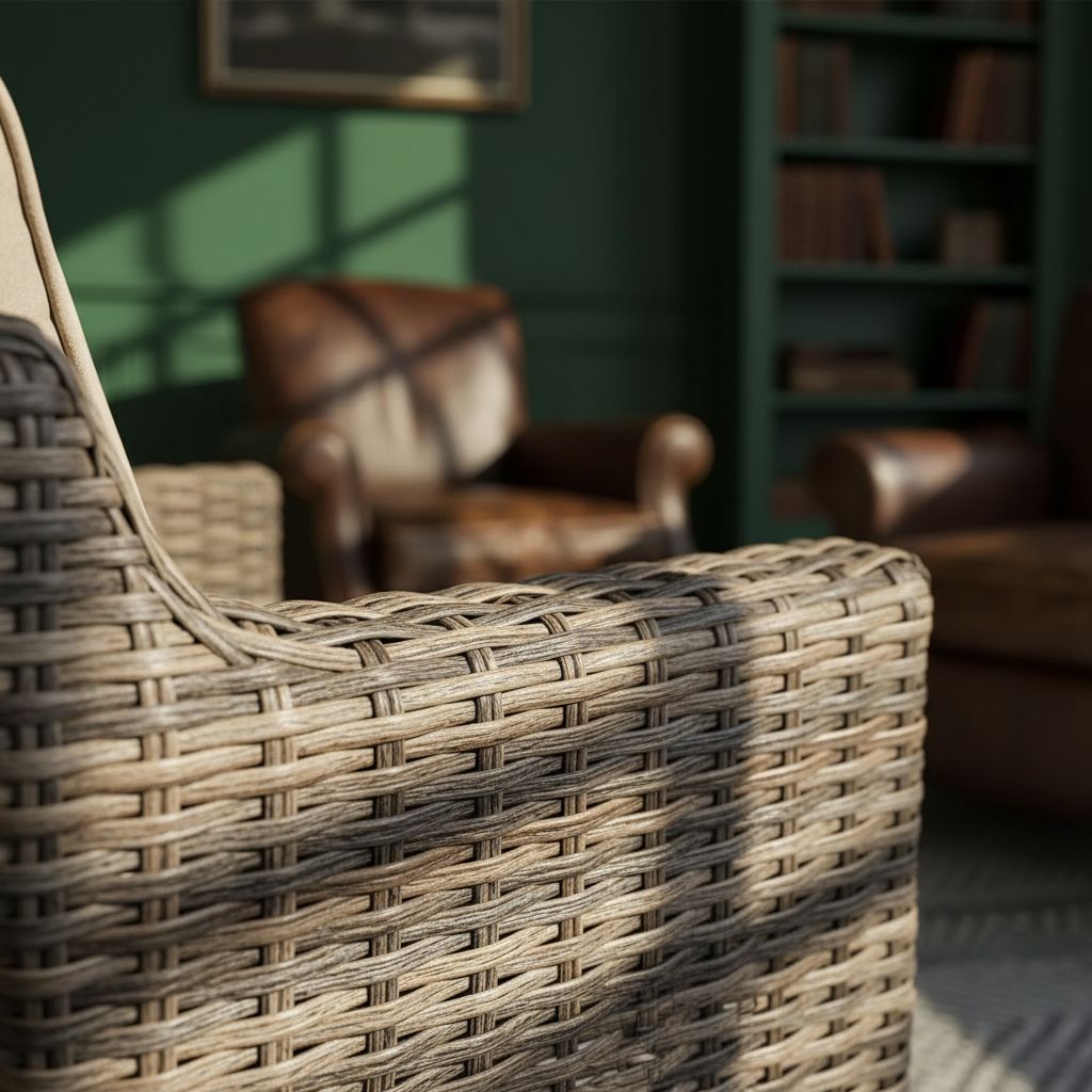 [Color] wicker [form factor] with [cushion detail], shown in [setting context] — view 7