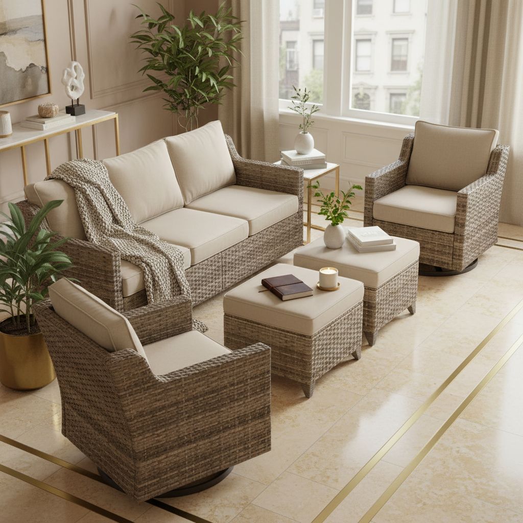 [Color] wicker [form factor] with [cushion detail], shown in [setting context] — view 3a