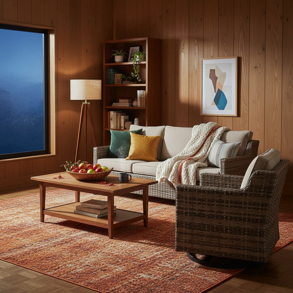 [Color] wicker [form factor] with [cushion detail], shown in [setting context] — view 4