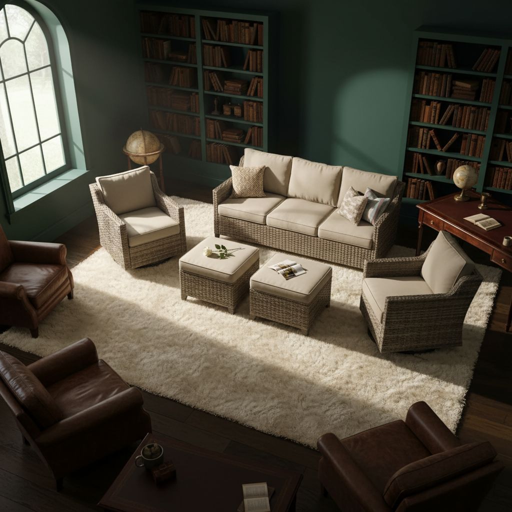 [Color] wicker [form factor] with [cushion detail], shown in [setting context] — view 5a