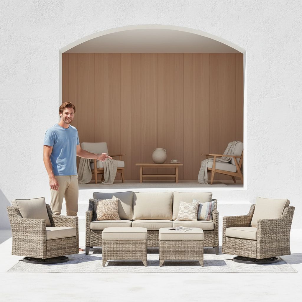 [Color] wicker [form factor] with [cushion detail], shown in [setting context] — view 6