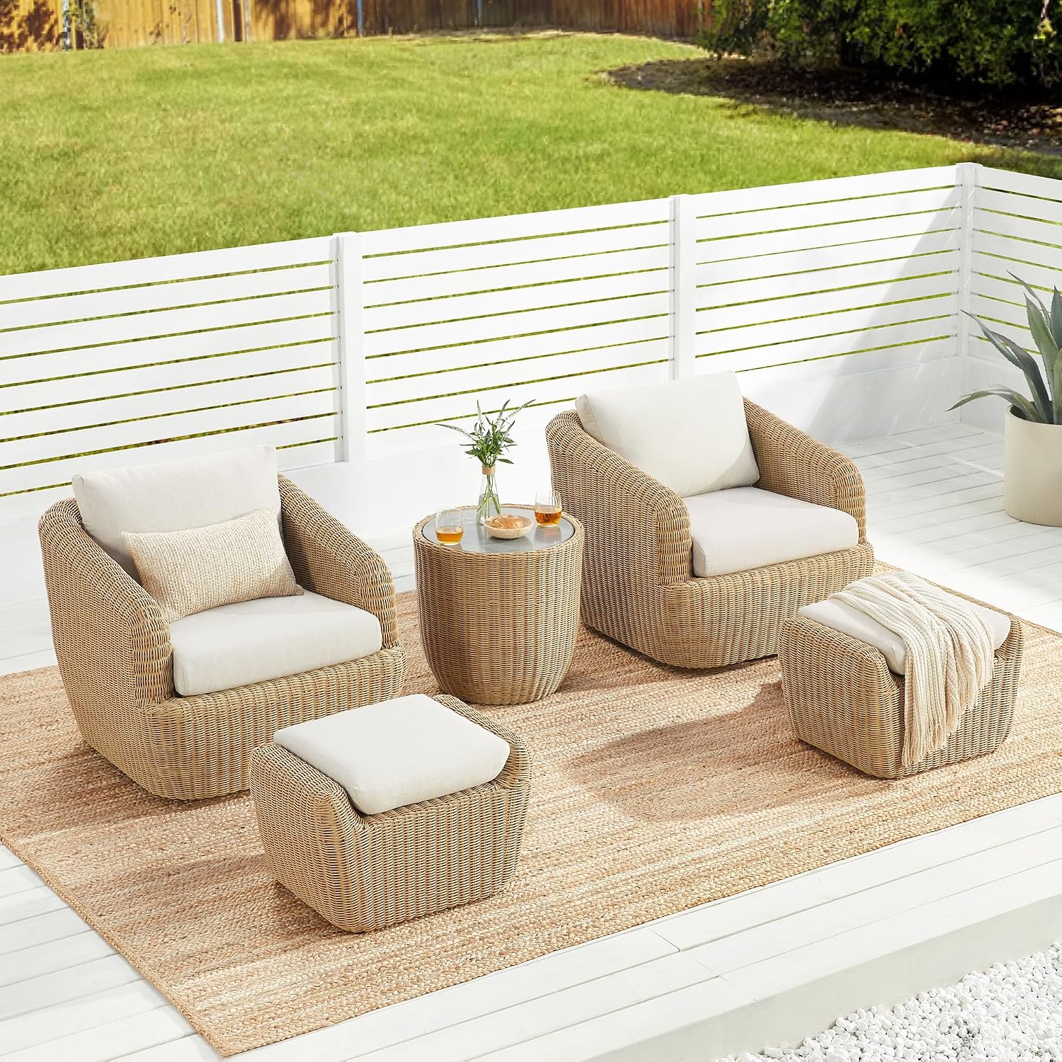 [Product view] - light brown rattan wicker [product type] with beige cushioned seat, coastal outdoor furniture styling — front