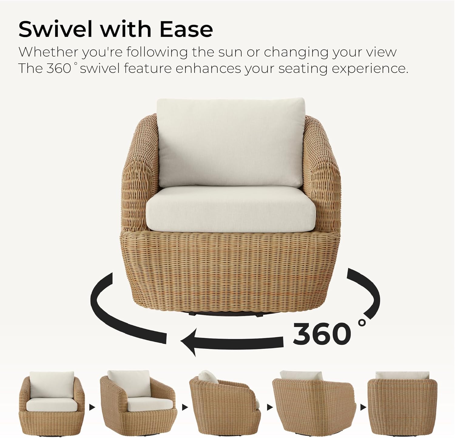 [Product view] - light brown rattan wicker [product type] with beige cushioned seat, coastal outdoor furniture styling — side