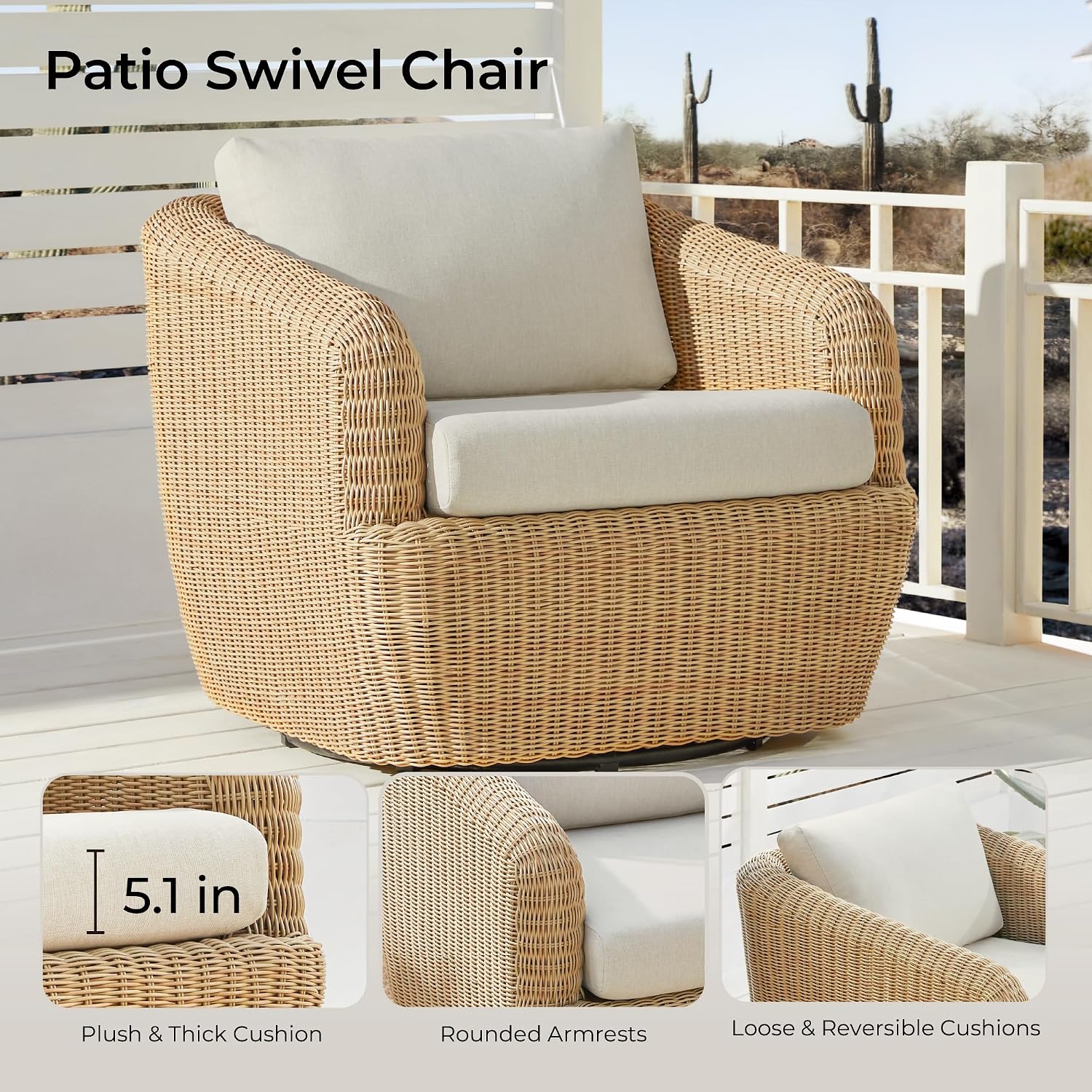 [Product view] - light brown rattan wicker [product type] with beige cushioned seat, coastal outdoor furniture styling — back